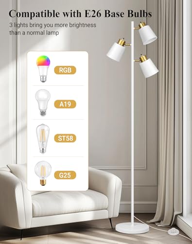Tree Floor Lamps for Living Room, 67" Modern Standing Lamp with 3 Lights | 3 LED Bulbs Included, 3 Rotatable Light Heads, White Gold, Metal Material, 2700K Stand up Lamps, Tall Lamp for Bedroom Home - color: White Gold