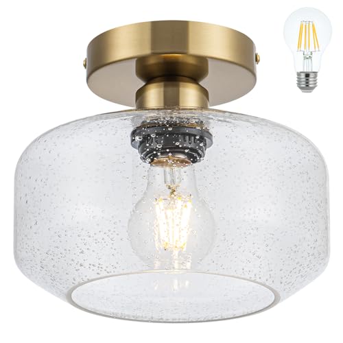 Tbaoinal Semi Flush Mount Ceiling Light Seeded Clear Glass Shade Matal Base, Inclede 900 LM LED Bulb, Low-Profile for Kitchen/Hallway/Entryway/Bathroom,Bronze Color - color: Bronze Color