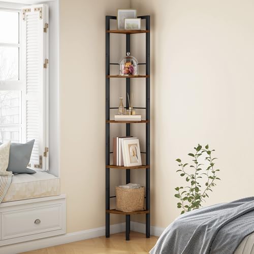 Tajsoon Corner Shelf Stand 5 Tier 60.5" with Metal Frame, Rustic Brown - color: Rustic Brown, size: 5 Tier