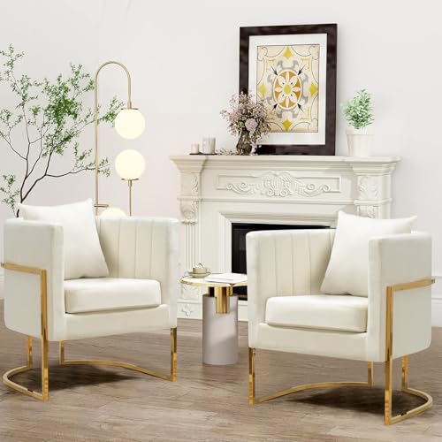 Velvet Accent Barrel Chairs Set of 2, Modern Arm Club Chair Set with Pillow for Living Room/Bedroom/Guest Reception, Channel Tufted, Gold Finish Base, White - color: Beige, size: 2 PCS