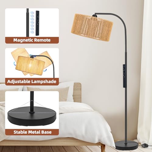 Boho Standing Lamp with Dimmable Bulb Nartual Rattan Adjustable Lampshade | Stepless Dimmable Bulb, Black Modern Farmhouse Rattan Floor Lamp for Living Room, Bedroom, Office, Classroom - style: Rustic-Black