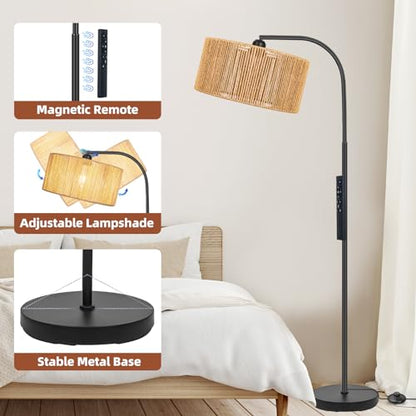 Boho Standing Lamp with Dimmable Bulb Nartual Rattan Adjustable Lampshade | Stepless Dimmable Bulb, Black Modern Farmhouse Rattan Floor Lamp for Living Room, Bedroom, Office, Classroom - style: Rustic-Black