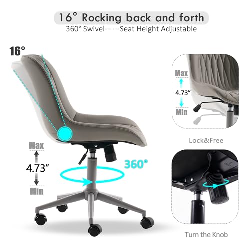 YOUNIKE Faux Leather Office Desk Chair Comfy Vanity Chair Armless Grey | Ergonomic Upholstered Rocking Back, Swivel with Wheels, Height Adjustable, Modern Task Chair For Computer Sewing Drafting - color: All Grey