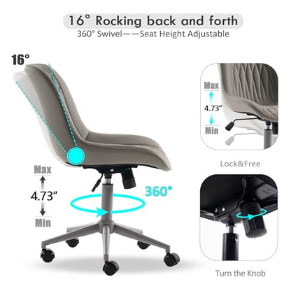 YOUNIKE Faux Leather Office Desk Chair Comfy Vanity Chair Armless Grey | Ergonomic Upholstered Rocking Back, Swivel with Wheels, Height Adjustable, Modern Task Chair For Computer Sewing Drafting - color: All Grey