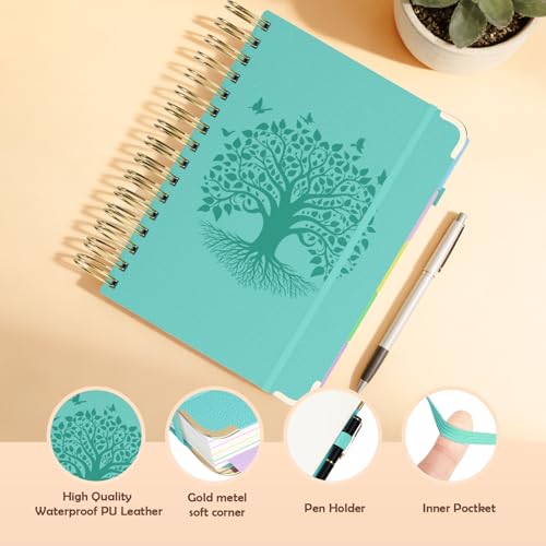 QIYVLOS Hardcover Spiral Notebook, B5 Journal with Removable Dividers Tabs, 5 Subject Notebook College Ruled, 320 Pages 8"x10" Leather Notebooks for Work School Study, Lined Journal for Women, Cyan - color: B5/Cyan
