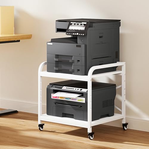 20 Inches Large White Printer Stand, 2-Tier Under Desk Printer Table with Height Adjustable Shelf, Rolling Printer Cart with Industrial Wheels for Home Office (White) - color: White