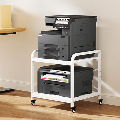 20 Inches Large White Printer Stand, 2-Tier Under Desk Printer Table with Height Adjustable Shelf, Rolling Printer Cart with Industrial Wheels for Home Office (White) - color: White