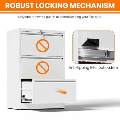 3 Drawer Metal Lateral File Cabinet with Lock,White Filing Cabinet - color: White, size: 26.8"W-3 drawers
