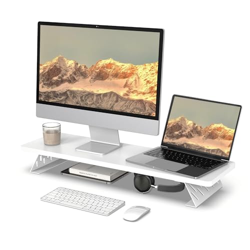 Fenge Monitor Stand Riser, Wooden & Metal Desk Shelf Organizer, White - color: White, size: 31.5 Inch