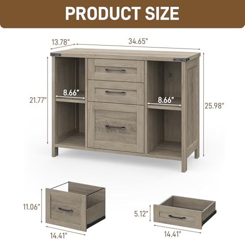 Befrases Farmhouse File Cabinet, Lateral Filing Cabinet with 3 Drawers for Letter/A4 Size Hanging Files, Large Wooden Printer Stand with Adjustable Shelves for Home Office, Rustic Grey - color: Rustic Grey, size: 13.78"D x 34.65"W x 25.98"H
