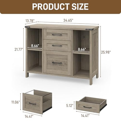 Vabches File Cabinet with 3 Drawers, Farmhouse Lateral File Cabinet Fits Files Letter/A4 Size, Wooden Filing Cabinet with Adjustable Shelves Printer Stand for Home Office, Grey - color: Grey