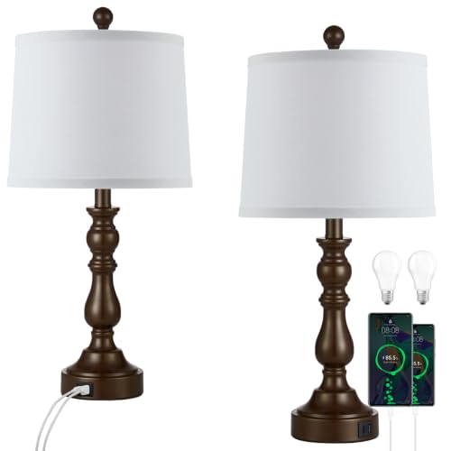 Brown Table Lamps Set of 2, Brown Lamps for Bedroom, USB C+A Ports - color: G. White Shade & Brown Base