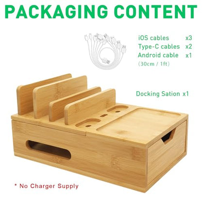 Bamboo Charging Station for Multiple Devices, Desktop Wood Charger Organizer with Drawer & Tray -Included 6 Cables, Compatible with Multi Devices, Cell Phone, Tablet, Earphones (No USB Charger)