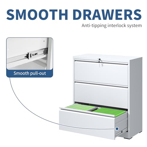 3 Drawer File Cabinet with Lock, Metal Lateral Filing Cabinets - color: White, size: 3 Drawer_ 26"W