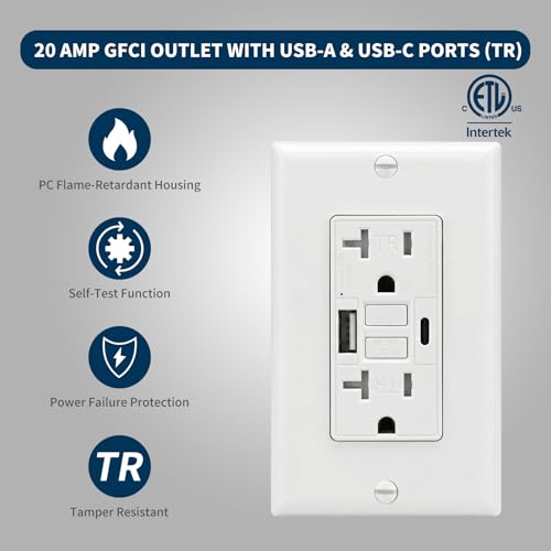 20 Amp GFCI Outlet with USB-A & C Ports, White, 1-Pack