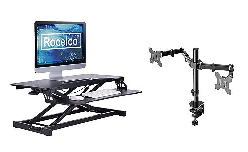 Rocelco Standing Desk Converter with Dual Monitor Mount - 31.5 Inch Sit Stand Up Tabletop Riser with Tablet Holder, Height Adjustable Workstation - Deep Keyboard Tray for Laptop - Black (R VADRB-DM2) - color: Black, size: 31.5", style: Riser + Dual Mount