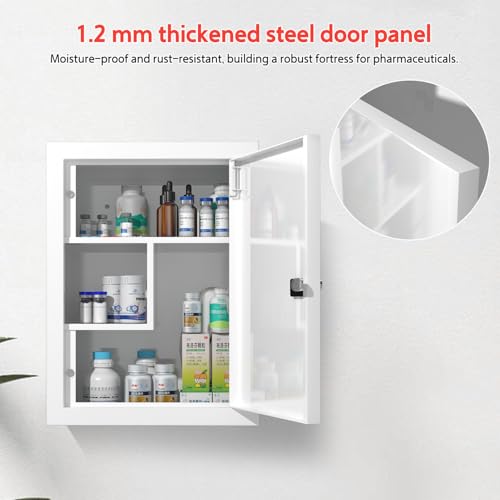 Locking Medicine Cabinet Wall-Mount: Storage Cabinet with Combination Lock & Key - White Metal First Aid Kits for Family Safety and Childproofing