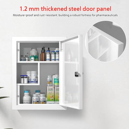 Locking Medicine Cabinet Wall-Mount: Storage Cabinet with Combination Lock & Key - White Metal First Aid Kits for Family Safety and Childproofing