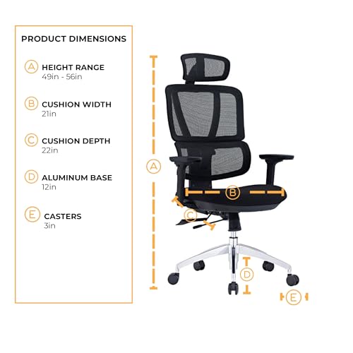 SUNLINE Elevate Office Chair - Ergonomic & Adjustable Lumbar Support System with Aluminum Base - 4D Curved Mesh Headrest & 3D Armrest Chair, Tilt Control - color: Black - Back Support