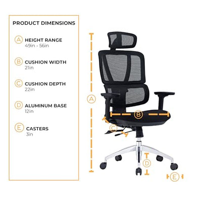 SUNLINE Elevate Office Chair - Ergonomic & Adjustable Lumbar Support System with Aluminum Base - 4D Curved Mesh Headrest & 3D Armrest Chair, Tilt Control - color: Black - Back Support