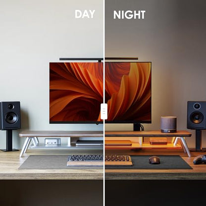 Fenge Dual Monitor Stand with 8-Mode LED Lights and Frosted Shelf, Brown | Sturdy Aluminum Legs, Built-In Phone & Tablet Slot, 2-Tier Storage, 42.5-Inch Desk Shelf for Gaming, Home Office & Streaming - color: Brown