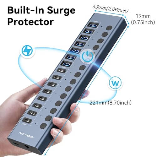 ACASIS 16 Ports Powered USB 3.2 Hub (8 USB-A 3.2 +8 USB-C 3.2), 10Gbps | Individual On/Off Switch for Each Port • Aluminum Housing • Better Heat Dissipation • Plug & Play • 96W Power Adapter - color: Gray