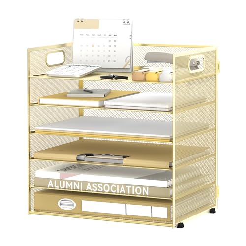 Daltack 6-Tier Paper Organizer for Desk with Handle, Gold | Sturdy Metal Mesh Organizer with Movable Middle Trays and a Carry Handle for Papers, Folders and Office Supplies - color: Gold