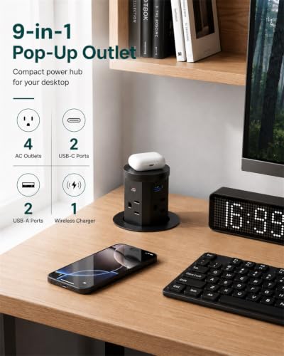 2.4" Pop Up Countertop Outlet, 30W USB-C & Wireless Charger | Fits 2.4 in (60mm) grommet holes, 4 AC outlets, 2 USB-C 30W, 2 USB-A 18W, 15W wireless charging and 1.5m cord, Black - color: Black