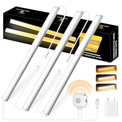 Daymeet Motion Sensor Dimmable 12 Inch Ultra Thin Under Cabinet Lighting, Under Cabinet Lights Plug in, Super Bright LED Lights Bar Under Counter Lights Indoor for Kitchen, Shelf, Closet (3 Pack)