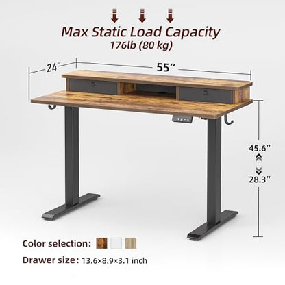 TIQLAB Standing Desk with Two Drawers, Stand Up Standing Desk Adjustable Height, Electric Sit Stand Table with Storage Shelf and Splice Board, 55 * 24 inch, Rustic Brown - color: Rustic Brown, size: 55*24 inch without keyboard tray