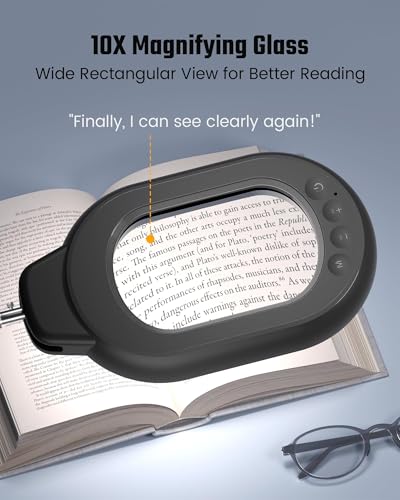 Square Magnifying Desk Lamp, Magnifying Glass with Light and Stand | 10X Dimmable LED Hands-Free Mag Magnifier Lamp with Clamp and Base, Swing Arm Light for Close Work, Reading, Crafting, Black