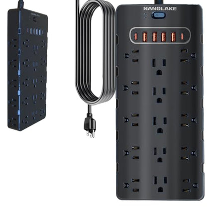 20 Amp Power Strip Surge Protector,Heavy Duty 12 Gauge 6.5 ft Cord/25 AC Outlets/4 USB A/2USB C/4000 Joules Surge protection/2500W/125V,Office Workshop Household Garage Black