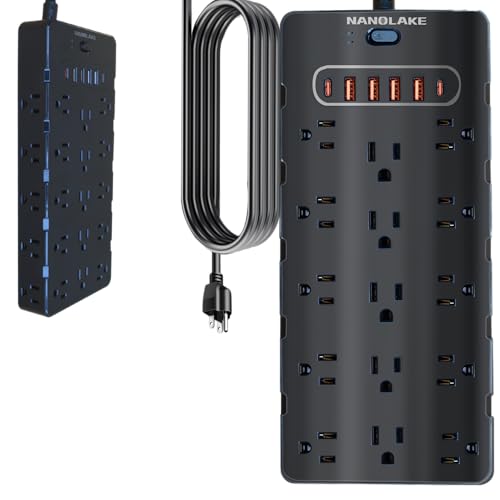 20 Amp Power Strip Surge Protector,Heavy Duty 12 Gauge 6.5 ft Cord/25 AC Outlets/4 USB A/2USB C/4000 Joules Surge protection/2500W/125V,Office Workshop Household Garage Black