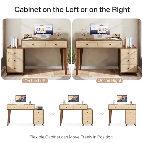 Tribesigns 51-Inch Computer Desk with 5 Drawers, Rustic Brown Office Desk with Reversible Drawer Cabinet, Wooden Study Writing Table Workstation with Storage for Small Spaces