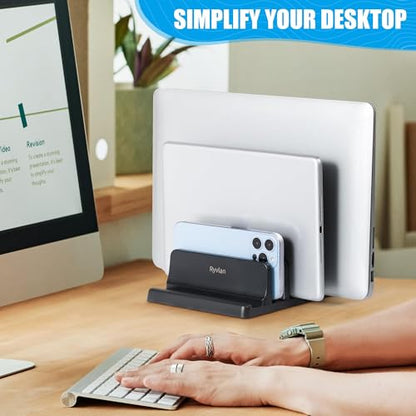 Vertical Laptop Stand, 3 Slot Adjustable Laptop Storage Rack and Desk Organizer, Silicone-Padded Holder for Multiple Devices Storage, Compatible Stand for Tablets and Devices up to 17 Inches