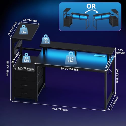 52" Reversible Gaming Desk with LED Lights Power Outlets, Black | Computer Desk with Drawers Can be Used to Store Odds and Handles, Elevated PC Stand To Help You Showcase Your DIY Cases. - color: Black, size: 53 In