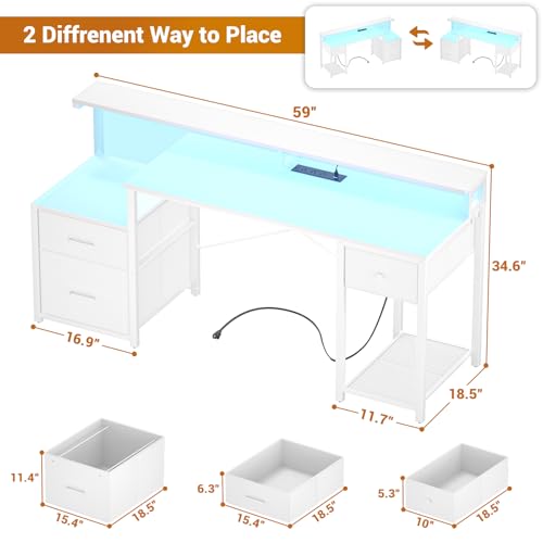 Aheaplus 59" Gaming Computer Desk with 3 Drawer, Power Outlet, Led Lights - color: White