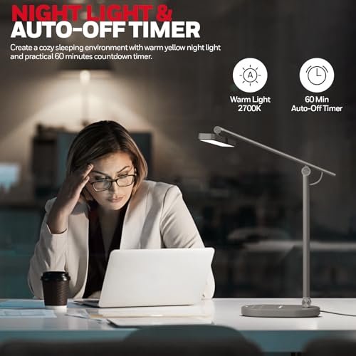 Honeywell HWT-H4 LED Desk Lamp, Eye-Caring, Dimmable, Auto Sensor | CRI97 Sunturalux LED, flicker-free eye care, 3 color temperatures, 5 brightness levels, auto dimming sensor, 60-min timer - color: Gray
