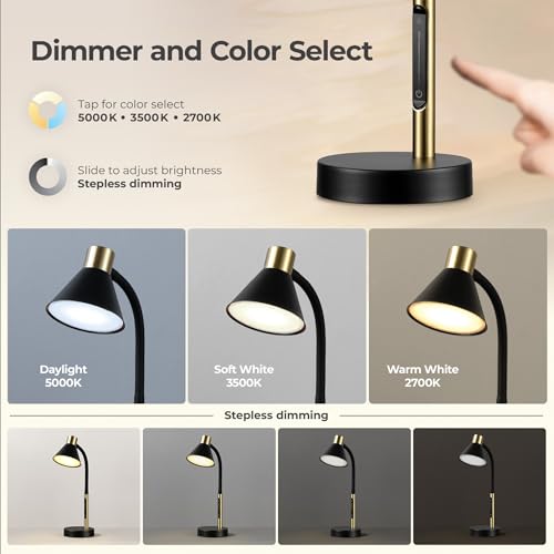 Globe Electric 62000034 15" LED Integrated Desk Lamp, Matte Black, Brass Accent, Adjustable Gooseneck, Dimmable, 3 Color Temperature, 7.5W, 90 CRI, 400 Lumens, Reading Light, Dorm Room Essentials - color: Matte Black, Albert