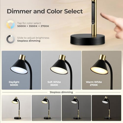 Globe Electric 62000034 15" LED Integrated Desk Lamp, Matte Black, Brass Accent, Adjustable Gooseneck, Dimmable, 3 Color Temperature, 7.5W, 90 CRI, 400 Lumens, Reading Light, Dorm Room Essentials - color: Matte Black, Albert