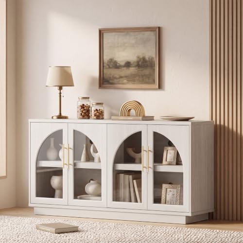 Fatmok 59" Arched Glass Sideboard Buffet Display Cabinet,White Oak - color: B-white Wood Grain
