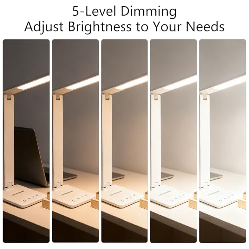 LED Desk Lamp with USB Charging Port, 5 Color Modes & Brightness Levels, Eye-Caring Dimmable, Touch Control, Adjustable Foldable Arm, USB-C Powered