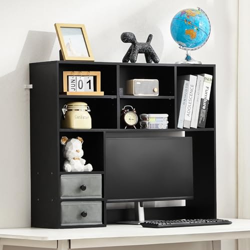 VEVOR 3-Tier Desktop Storage Organizer, 37" x 10" x 31.1" Office Storage Rack Wood Display Shelf, Desktop Bookshelf Hutch with 2 Fabric Drawers, for Office, Home & Dorm, Black - color: Black, size: 3 Shelves