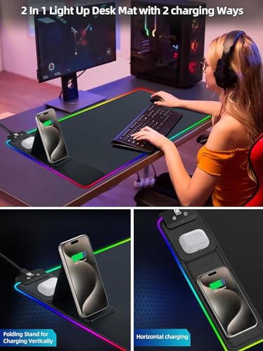 XXL Mouse Pad with Phone Holder - Black, RGB Desk Mat with 15W Fast Charging, LED Gaming Mousepad with 11 Light Colors, Waterproof Non-Slip Pad for Office & Home (Black with PD Adapter) - color: Black with PD Adapter