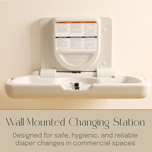 SlimFold Commercial Baby Changing Station, Wall-Mounted, White Granite | High-density plastic, pneumatic mechanism, 50 lb capacity, ASTM, ADA compliant, diaper bag hooks, for commercial restroom use
