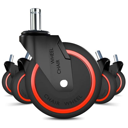 Anti-Tangle Office Chair Casters 5-Pack- 650LB Capacity, 7/16" x 7/8" Stem Size, 3 Inch PA Wheels for Carpet, Tile, Hardwood,360° Smooth Rolling, Low-Noise, Fits Most Chairs,Fits Most Chairs - color: Black Red, size: 11mm-Fit Most