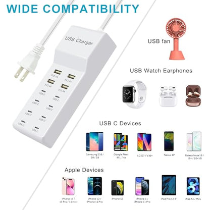 USB Charger Block, 12-Port Charging Station (4 USB-A 8 USB-C)