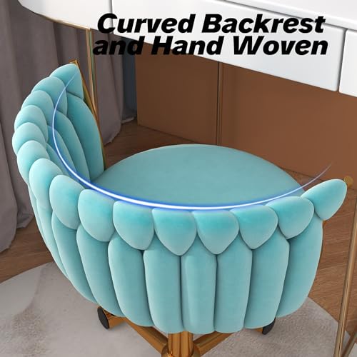 HENGJIANYI Velvet Woven Home Swivel Vanity Desk Chair with Gold Base, Cyan | Modern Height Adjustable Office Chair with Metal Base and Hand Weaving Back Wheels for Bedroom Study Small Space girl women - color: Cyan