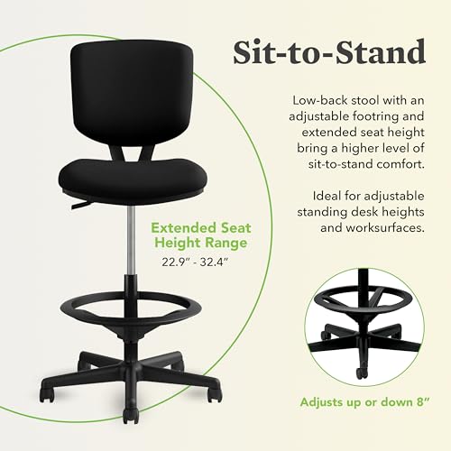 HON Volt Ergonomic Office Stool, Armless, Office Desk Computer Chair, Black - color: Leather Back - Stool