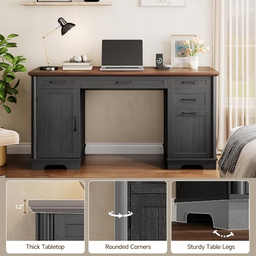ONBRILL 58" Modern Home Office Desk with 5 Drawers and 1 Cabinet, Black